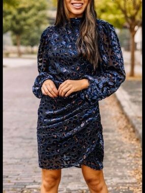 Lush Navy and Black Velvet Leopard-Print Long Sleeve Dress